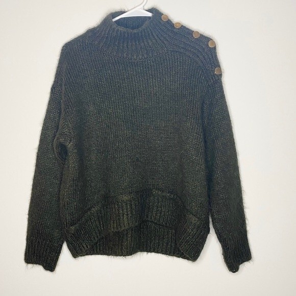 Topshop Green Turtleneck Sweater Chunky Ribbed Button Details Size 4-6 - Picture 1 of 8